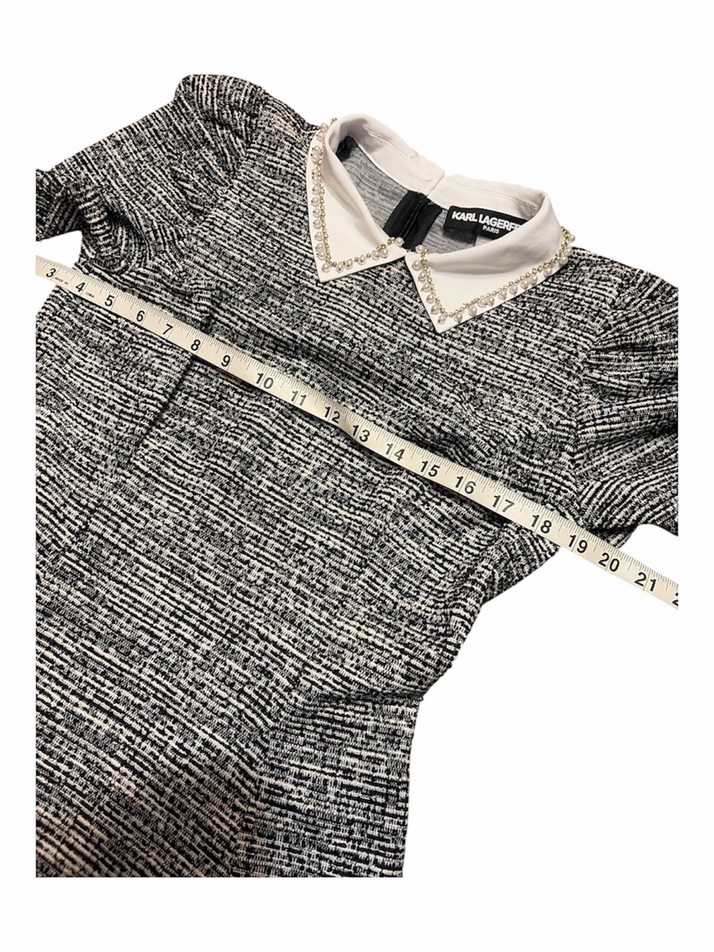 Karl Lagerfeld Paris Collared Tweed A-Line Dress Embellished Pearls Rhinestones - Picture 14 of 15